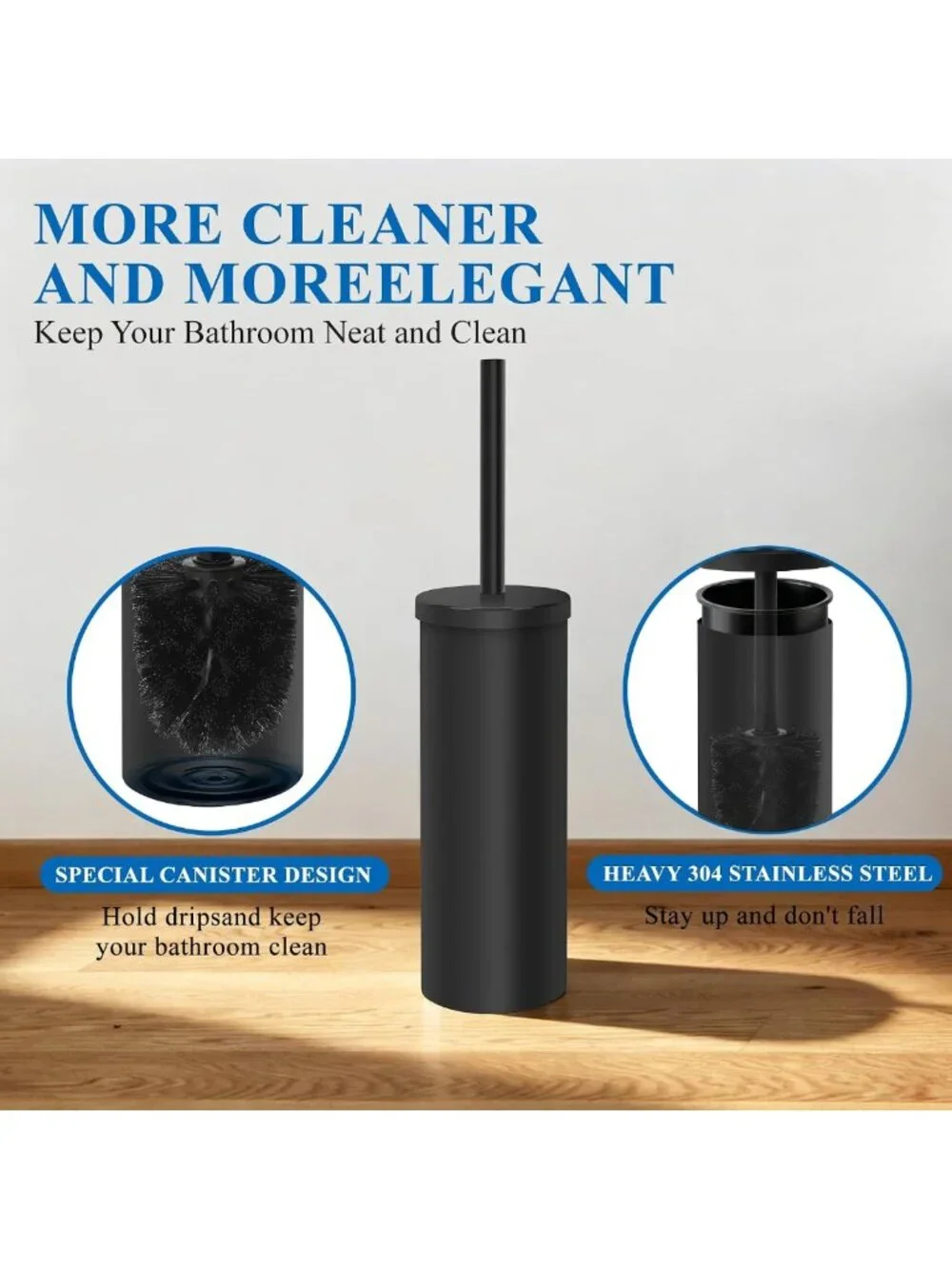 Rustproof Stainless Steel Toilet Brush Set with Holder & 2 Extra Brush Heads